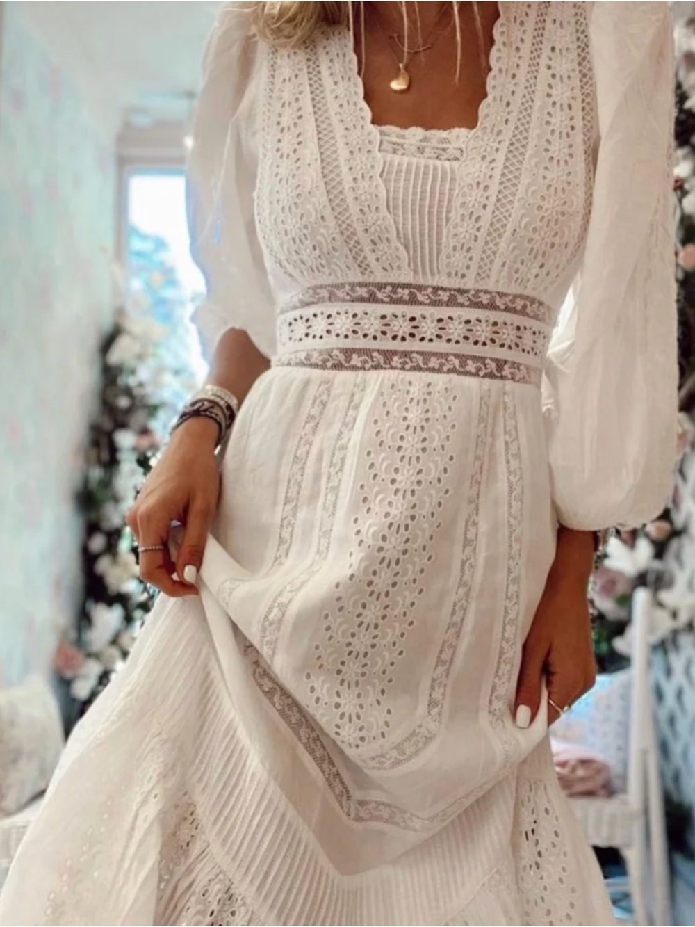 LOVESHACKFANCY White Lace Eyelet Midi Dress with Puff Sleeves